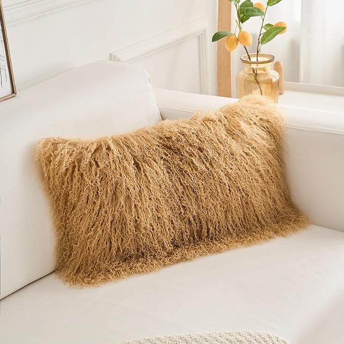 Genuine Mongolian Lamb Fur Pillow Cover – 12"x20" Rectangular Cushion Case – - Image 3