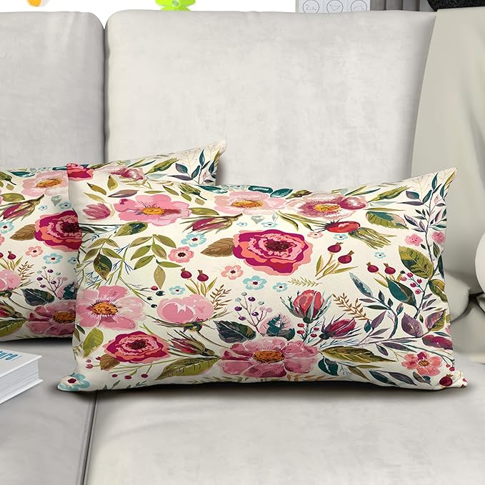 Spring Summer Flower Throw Pillow Covers 20x12 Inch Watercolor Peony Pillowcase - Image 6