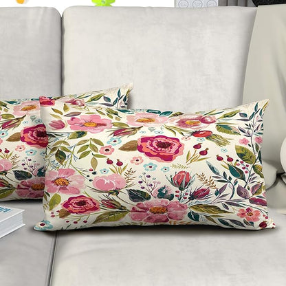 Spring Summer Flower Throw Pillow Covers 20x12 Inch Watercolor Peony Pillowcase - Image 6