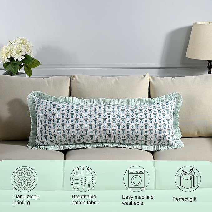 Ridhi Aquamarine Blue 100% Cotton Block Print Ruffle Lumbar Sham Cover Handmade - Image 5
