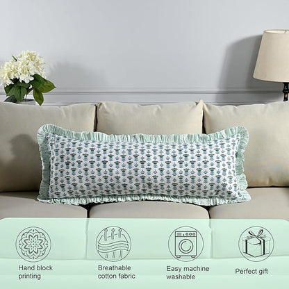 Ridhi Aquamarine Blue 100% Cotton Block Print Ruffle Lumbar Sham Cover Handmade - Image 5
