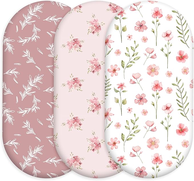 Floral Bassinet Sheets Girl 3 Pack, Breathable Cozy Fitted Mattress Sheet by CivaruaKids