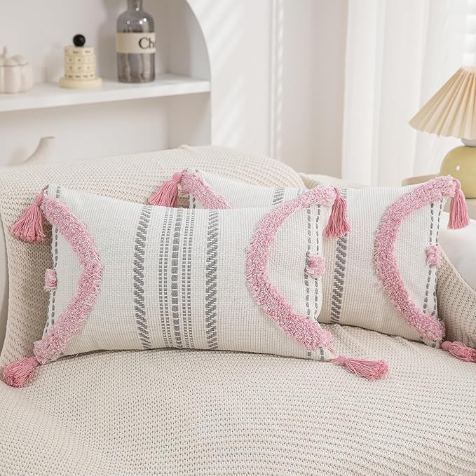 Boho Throw Pillow Covers 12x20 Set of 2 Cotton Woven Tufted Farmhouse Lumbar by PLEPATE