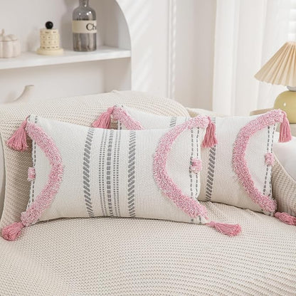 Boho Throw Pillow Covers 12x20 Set of 2 Cotton Woven Tufted Farmhouse Lumbar by PLEPATE