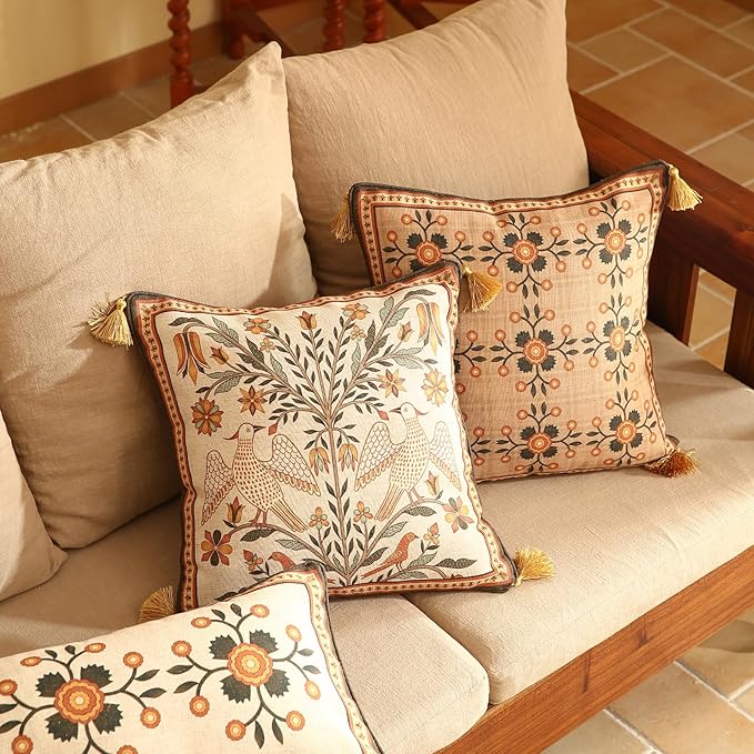 Square Brown Throw Pillow Covers, Floral Farmhouse Yellow Birds Flower Pattern - Image 4