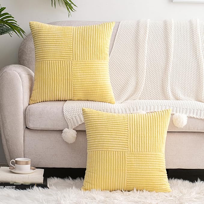 HWY 50 Pale Yellow Corduroy Patchwork Throw Pillow Covers 20x20 Inch, Soft Cozy - Image 6