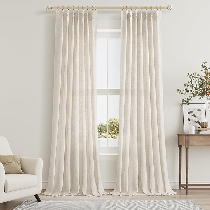 Cream Beige Pinch Pleat Linen Curtains 120 Inch Length 2 Panels Set by Aersas