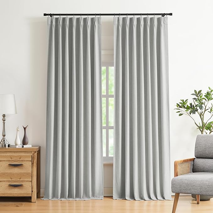 Vision Home Light Grey Pinch Pleated Full Blackout Curtains Linen Blended Room by VisionHome