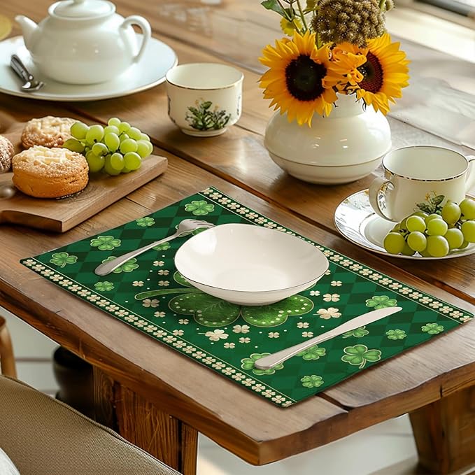 Green Shamrock St Patricks Day Placemats Set of 4 Lucky Clover Plaid Check - Image 6