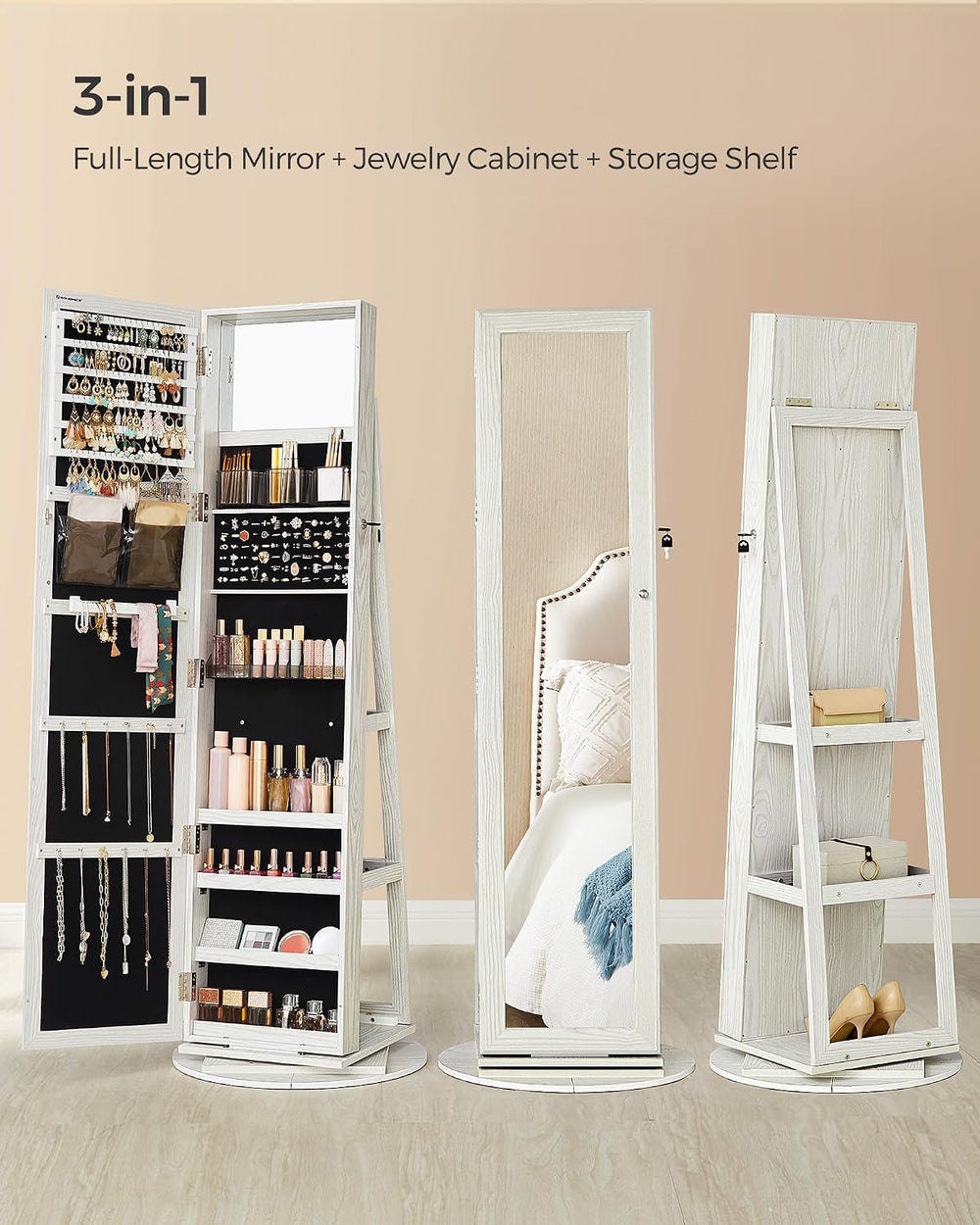 SONGMICS 360° Swivel Jewelry Cabinet, Full-Length Mirror, Lockable