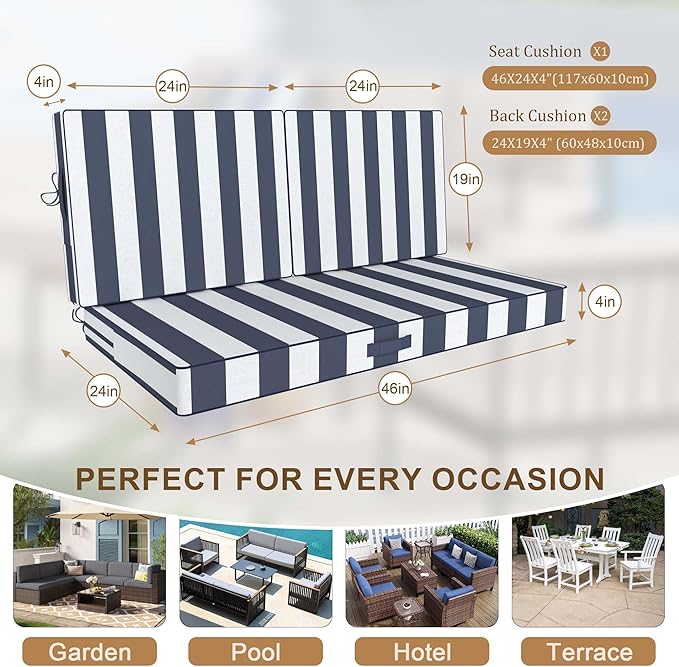Outdoor Loveseat Cushion Set 46 x 26 Inch, Waterproof & Fade-Resistant Deep - Image 2
