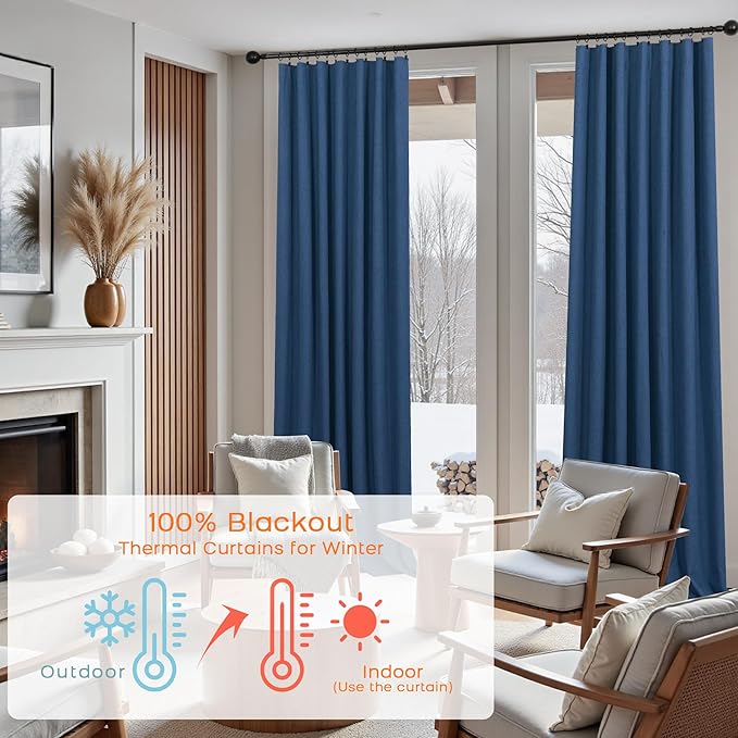 KOUFALL 52x102 Inch Length Navy Blue Back Tab Linen Blackout Curtains - Image 6