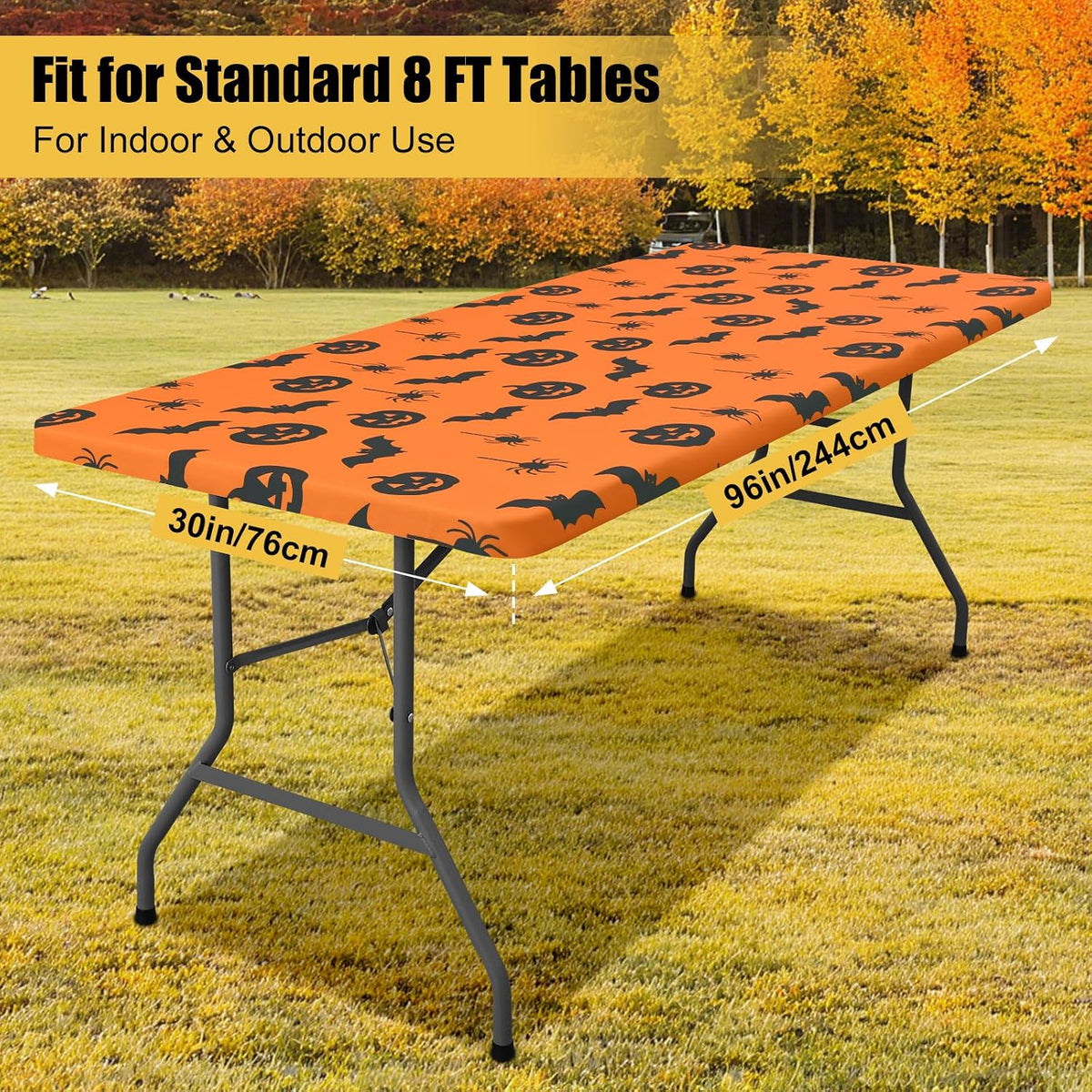 Smiry 2 Pack Rectangle Halloween Table Cloth, Waterproof Elastic Fitted Tablecloths, Washable Polyester Rectangular Patio Table Cover for Autumn Harvest Parties (Bat Pumpkin, 30"x96")