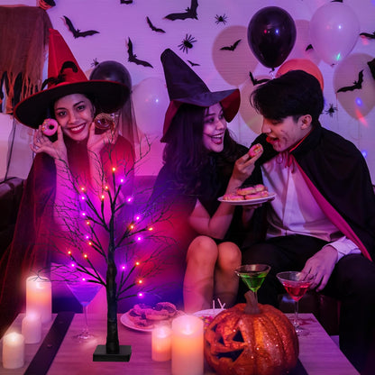 Halloween Decorations Indoor 2 Pack 24 Inch Black Halloween Tree with 48 Orange & Purple Lights, USB or Battery Operated Halloween Table Decorations Lighted Tabletop Spooky Tree Home Decor Office