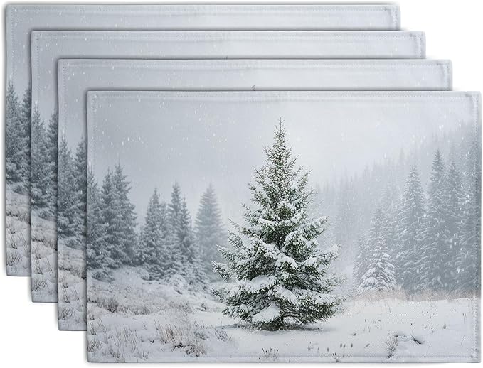 Winter Placemats Set of 4, 12x18 Inch Christmas Pine Tree Snowflake Linen Table by Wnoesat