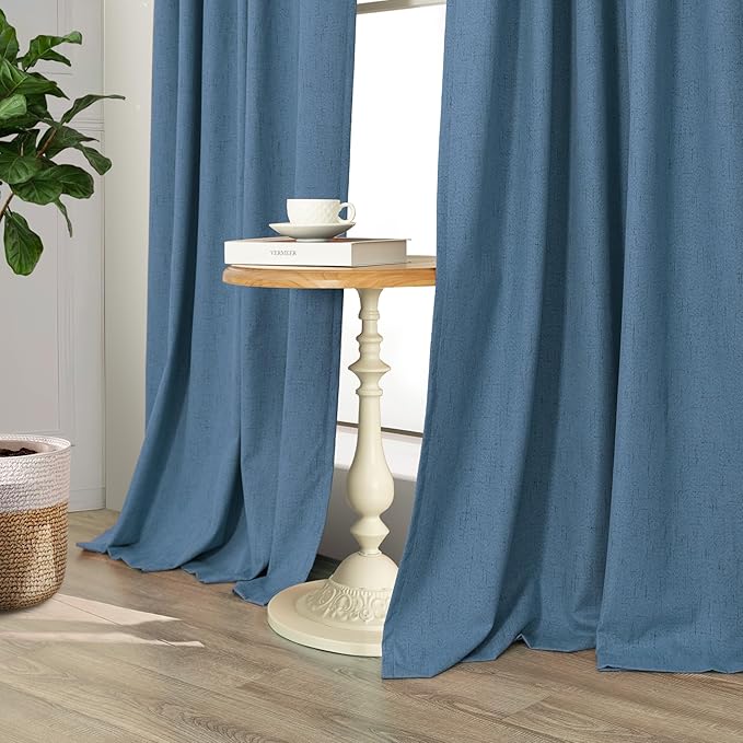 Denim Blue Blackout Drapes 96 Inches Long 2 Panel Burg Cute Linen Textured - Image 9
