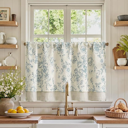 jinchan Linen Kitchen Curtain 24 Inch French Floral Double Layer Curtain by JINCHAN