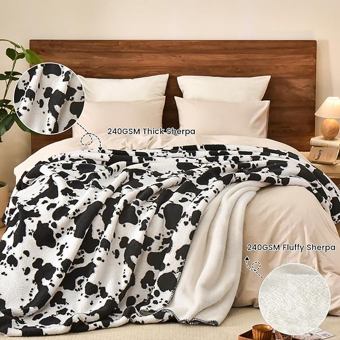 PHF Cute Cow Print Sherpa Blanket Twin Size - Image 4