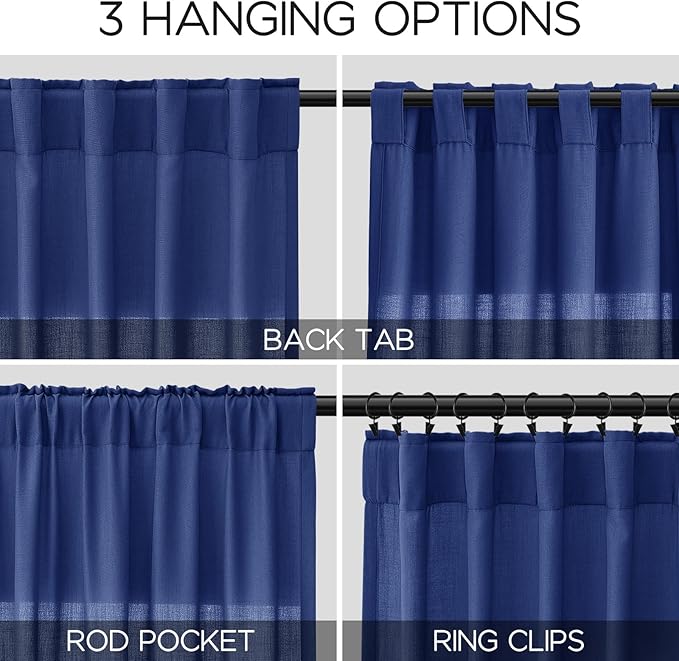 Linen Curtains Semi Sheer Classic Blue 96 Inches Long 2 Panels Set - Image 2