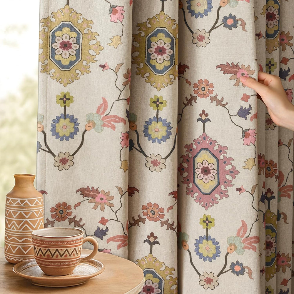Boho Floral 100% Grommet Blackout Curtains 84 Inch 2 Panels