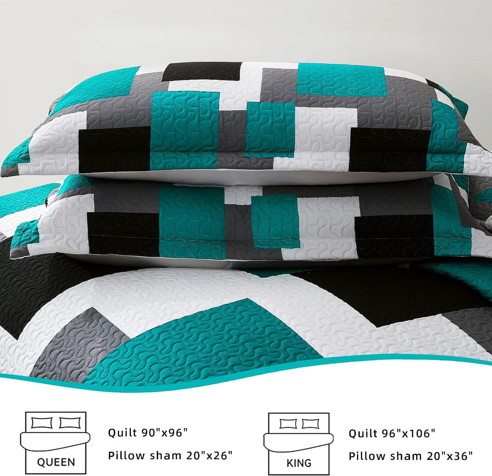 Tyrot 3 Piece Teal/Turquoise Quilt Full/Queen Size Black Grey Bedding Set