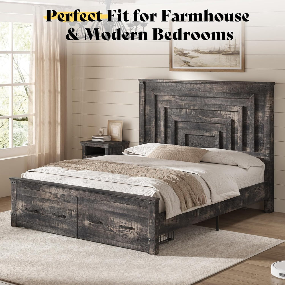 AMERLIFE Full Bed Frame with 54" Headboard & Storage, Black Oak