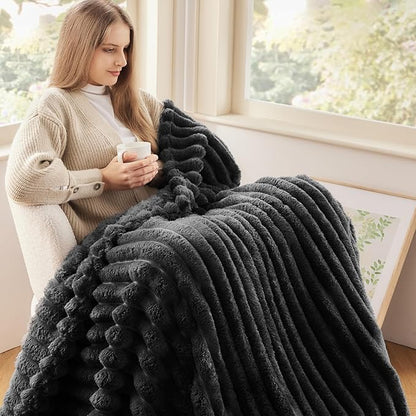 NEWCOSPLAY Super Soft Throw Blanket Grey Premium Silky Flannel Fleece 3D Ribbed - Image 2