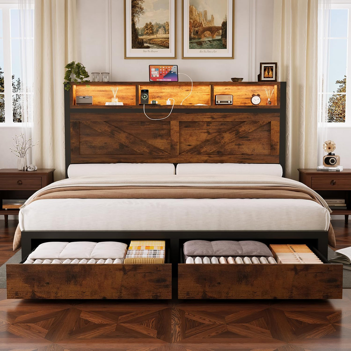 incyneva farmhouse full bed frame with bookcase storage, main product view