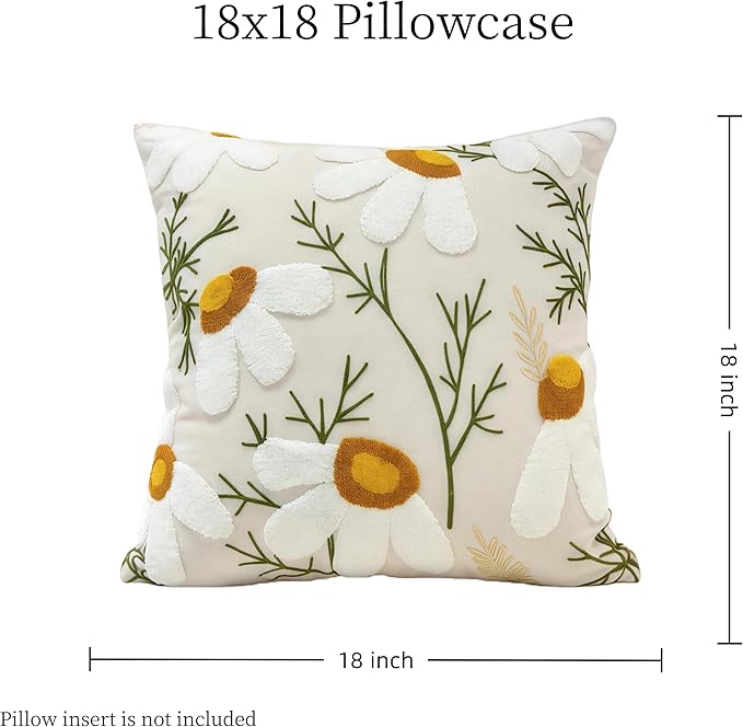 18x18 Embroidered Throw Pillow Cover – White Daisy Cotton Decorative Cushion - Image 6