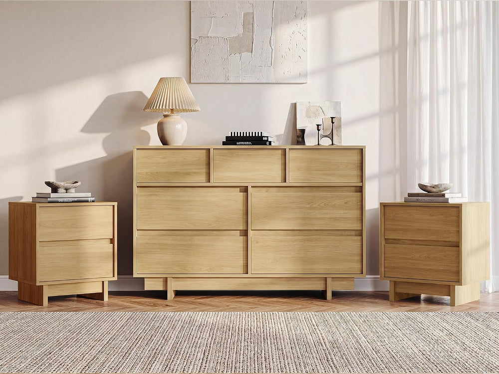 51in Oak 7 Drawer Dresser & 2 Nightstand Set, 3 Pcs Bedroom Furniture