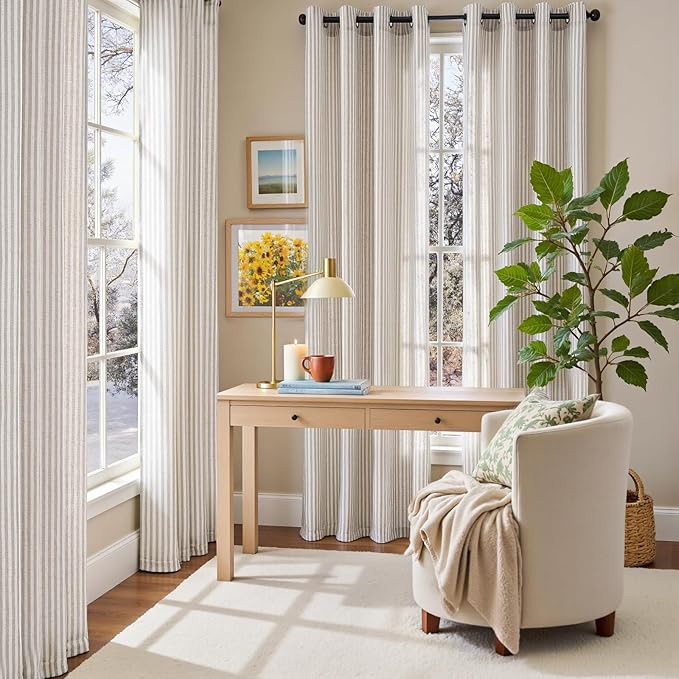 Vangao Linen Striped Grey Curtains Boho Tickingstripe Light Filtering Window - Image 9