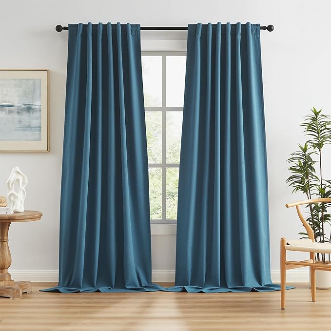 Back Tab Pleated Full Blackout Curtains 102 Inches Long, Linen Textured Tall by KEQIAOSUOCAI