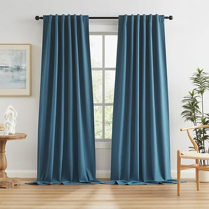 Back Tab Pleated Full Blackout Curtains 102 Inches Long, Linen Textured Tall by KEQIAOSUOCAI