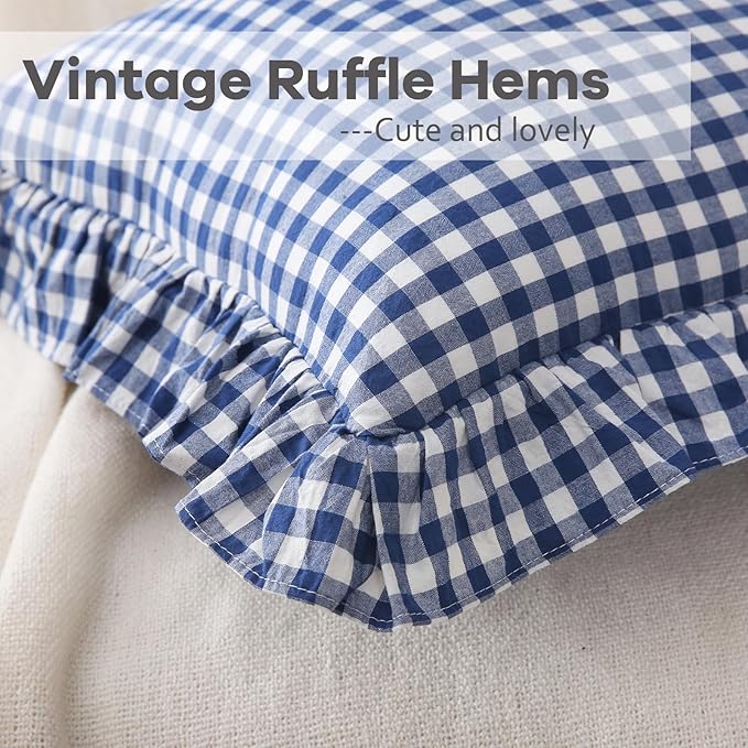 2 Pack Navy Blue White Plaid Ruffle Gingham Throw Pillow Covers, 100% Washed - Image 5