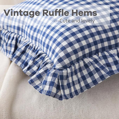 2 Pack Navy Blue White Plaid Ruffle Gingham Throw Pillow Covers, 100% Washed - Image 5