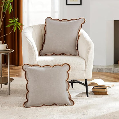 Beige Scalloped Pillow Cover Pack of 2 Spring Chenille Decorative Throw Pillow - Image 2