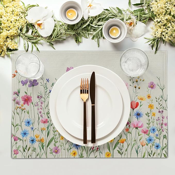 Giwawa 4PCs Spring Floral Placemats Summer Wildflowers Place Mat 12x18 Inch - Image 3