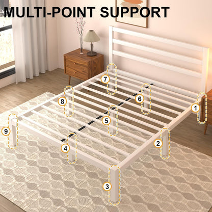 queen metal platform bed frame with headboard, stable showing dimensions