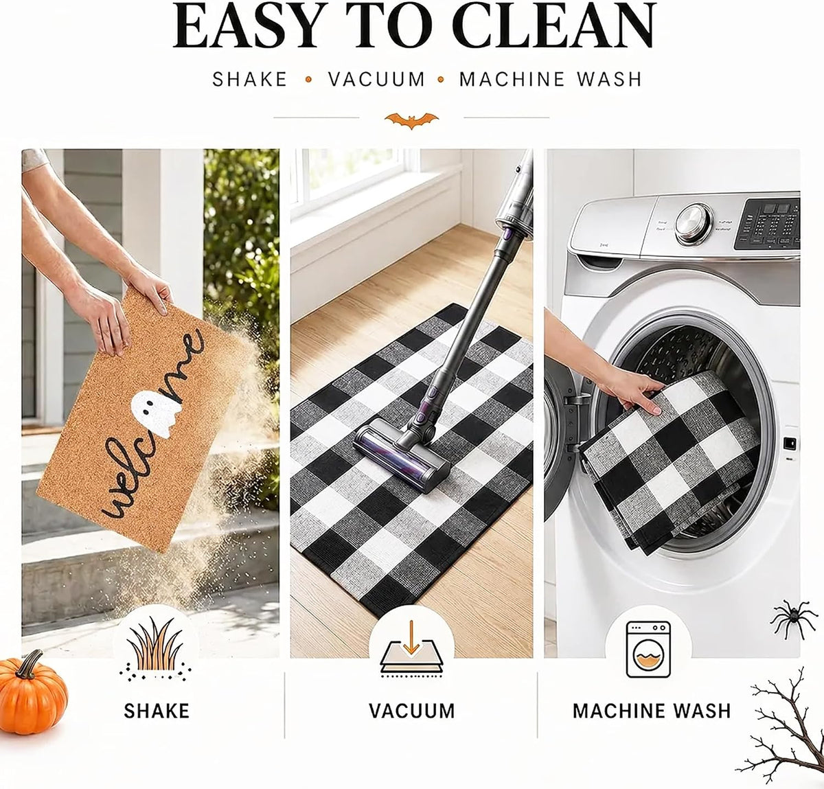 Halloween Door Mat Combo Set, Welcome Ghost Coco Coir Welcome Doormat + 28" x 43" Black and White Plaid Rug, Autumn Halloween Front Porch Entryway Decor Floor Mat