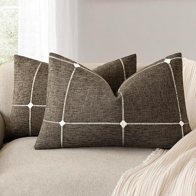 Foindtower Pack of 2 Decorative Faux Linen Jacquard Check Throw Pillow Covers by Foindtower