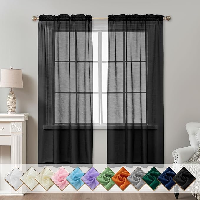 Black Sheer Curtains 72 Inches Long, Privacy Semi Sheer Curtains by ABLUEN