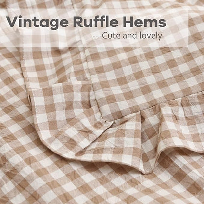 2 Pack Taupe White Plaid Ruffle Square Euro Pillow Shams, 100% Washed Cotton - Image 4