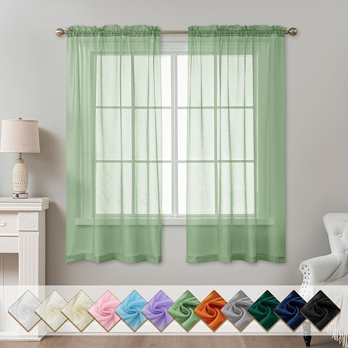 Sage Green Sheer Curtains 63 Inch Length, Privacy Semi Sheer Curtains by ABLUEN