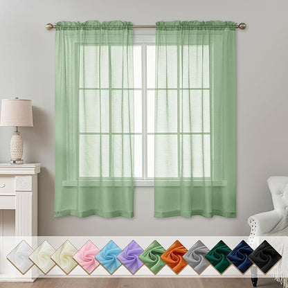 Sage Green Sheer Curtains 63 Inch Length, Privacy Semi Sheer Curtains by ABLUEN