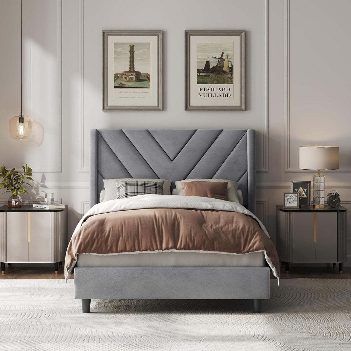 yaheetech twin bed frame with chevron channel-tufted headboard, main product view