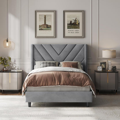 yaheetech twin bed frame with chevron channel-tufted headboard, main product view