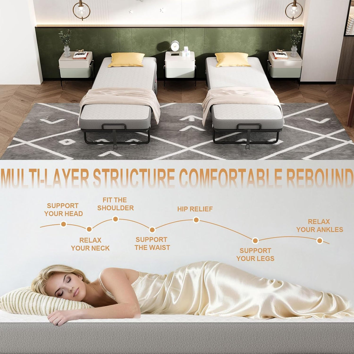 folding bed with mattress for adults, single size, front angle view
