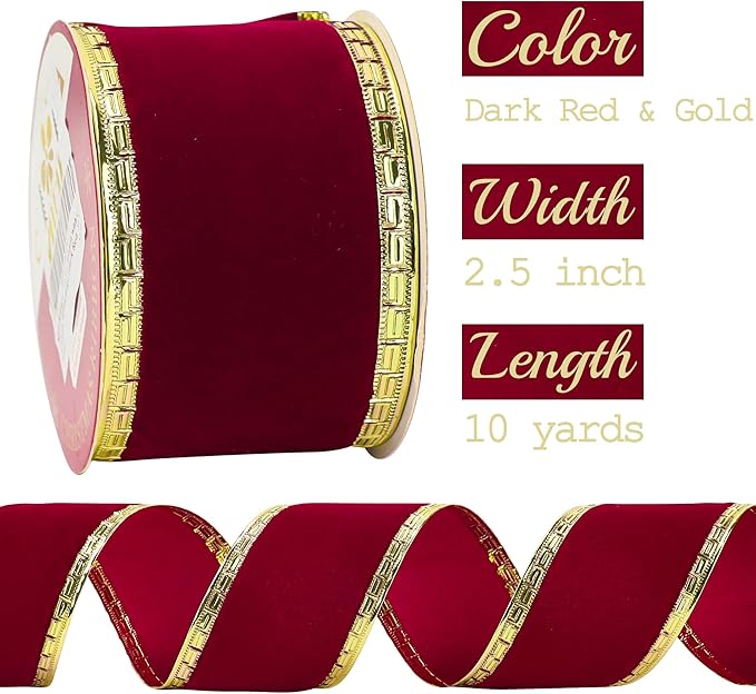 MEEDEE Burgundy Velvet Ribbon 2.5 Inch Dark Red Christmas Ribbon 10 Yards - Image 2
