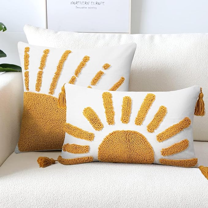 Adabana Boho Decorative Throw Pillow Covers 12x20 Lumbar Tufted Yellow Sun - Image 5