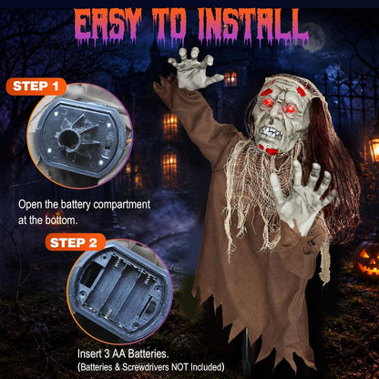 Halloween Creepy Animatronic Zombie Groundbreaker Outdoor Decor with Light up Eyes & Spooky Sound Adjustable Arms, Halloween Props for Graveyard Lawn Patio Yard Outside Decorations